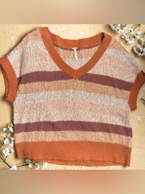 Free People Boxy V‑Neck Striped Knit Top - Rust, Mauve, Cream